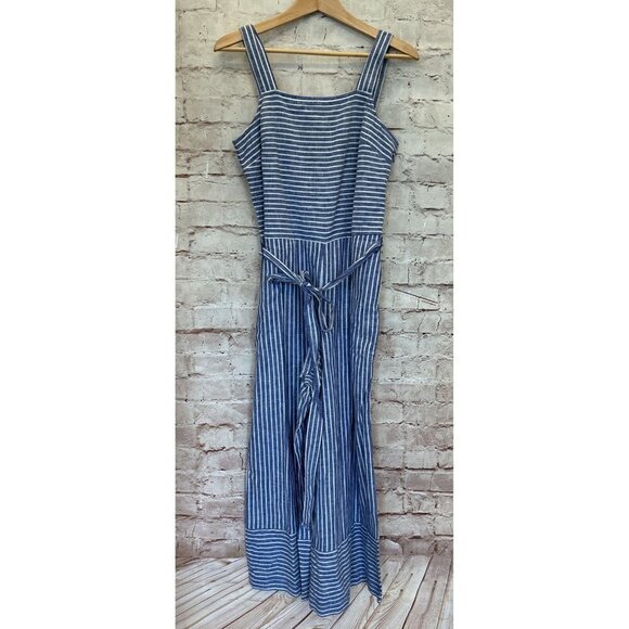 Beach Lunch Lounge Womens XS TALIA Linen Blend Cropped Jumpsuit Blue Stripe NEW - Picture 1 of 4